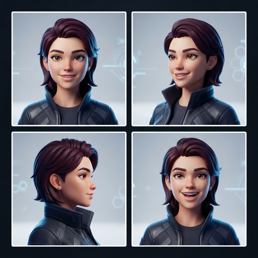 Mesma personagem digital mostrada em diferentes ângulos, demonstrando consistência facial